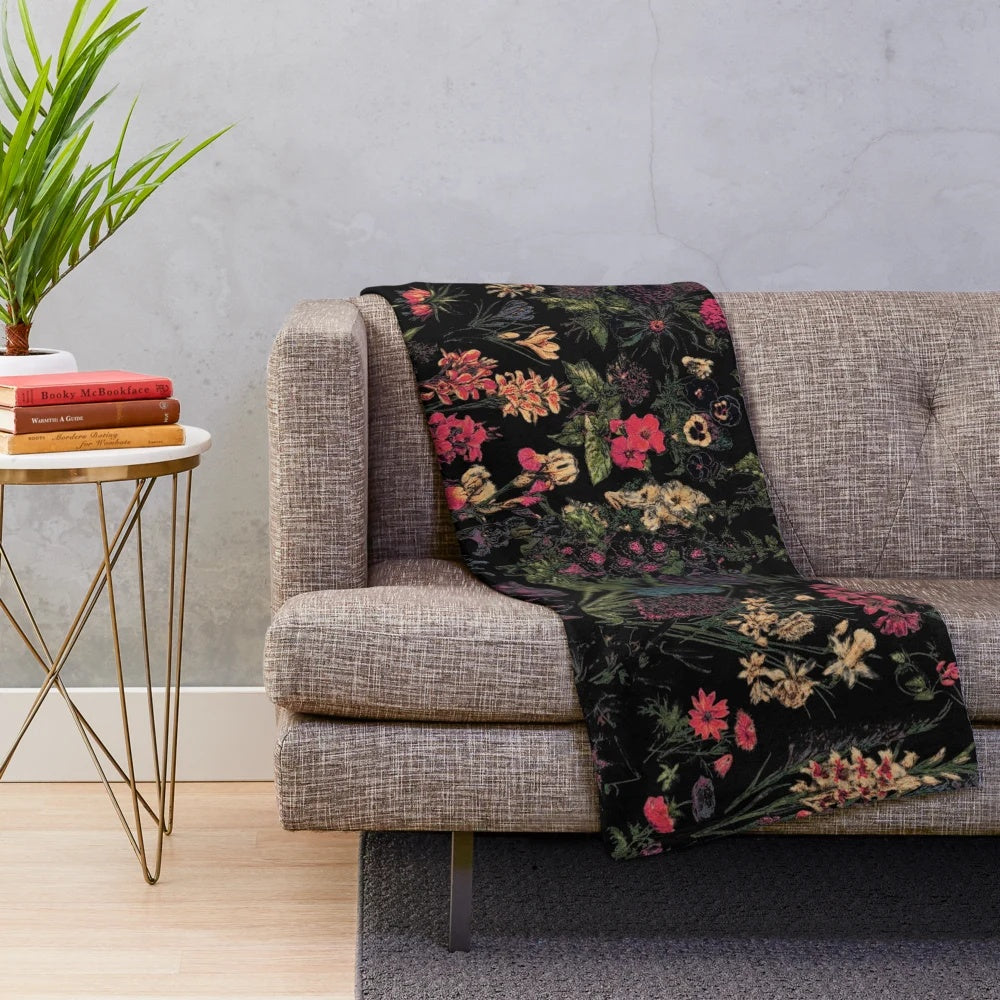Midnight Floral Plush Blanket with Mythical Motifs