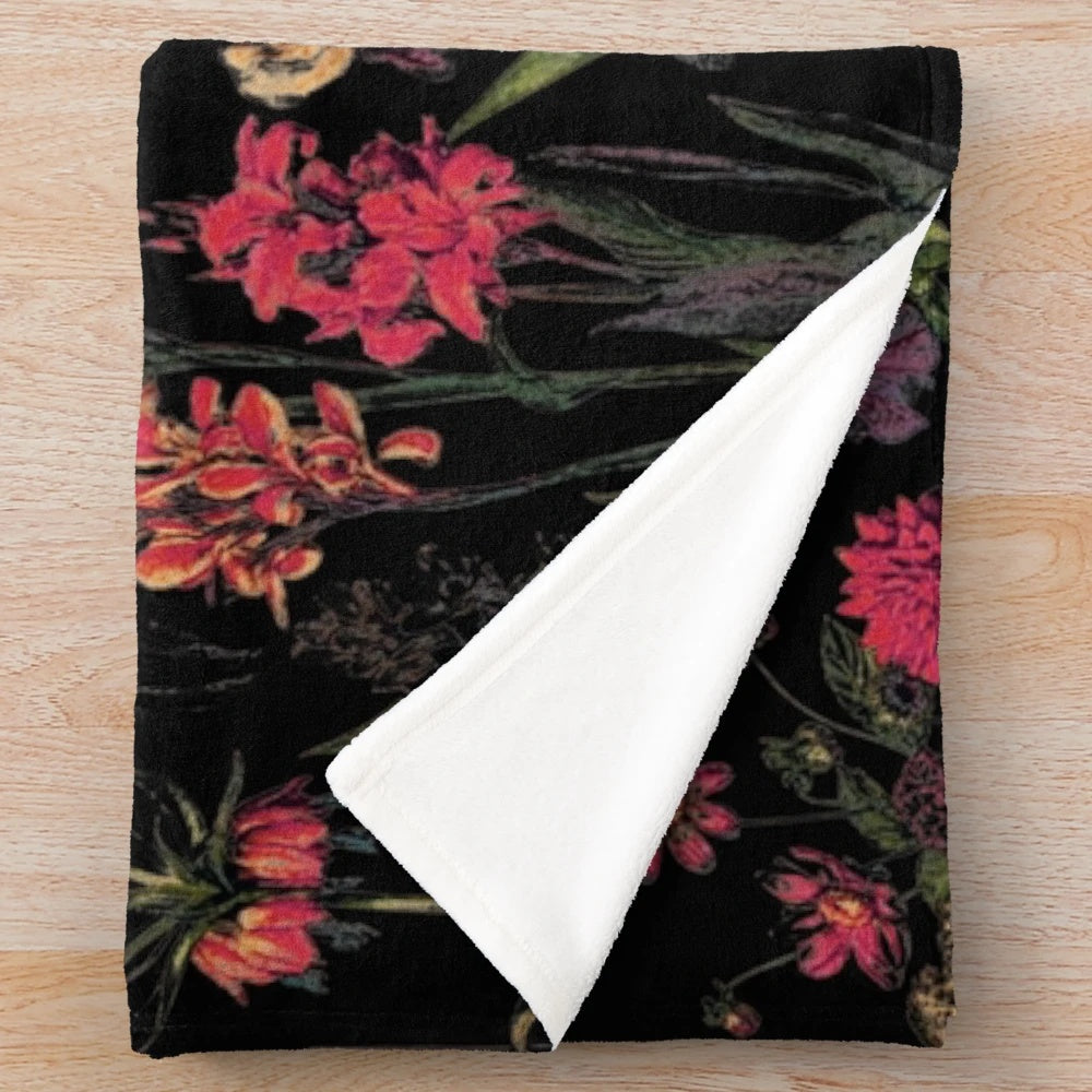 Midnight Floral Plush Blanket with Mythical Motifs