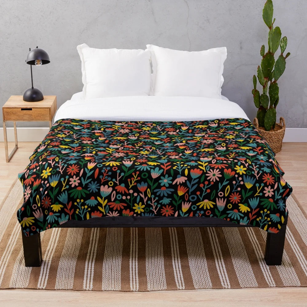 Midnight floral plush blanket with mythical creatures and elegant flourishes