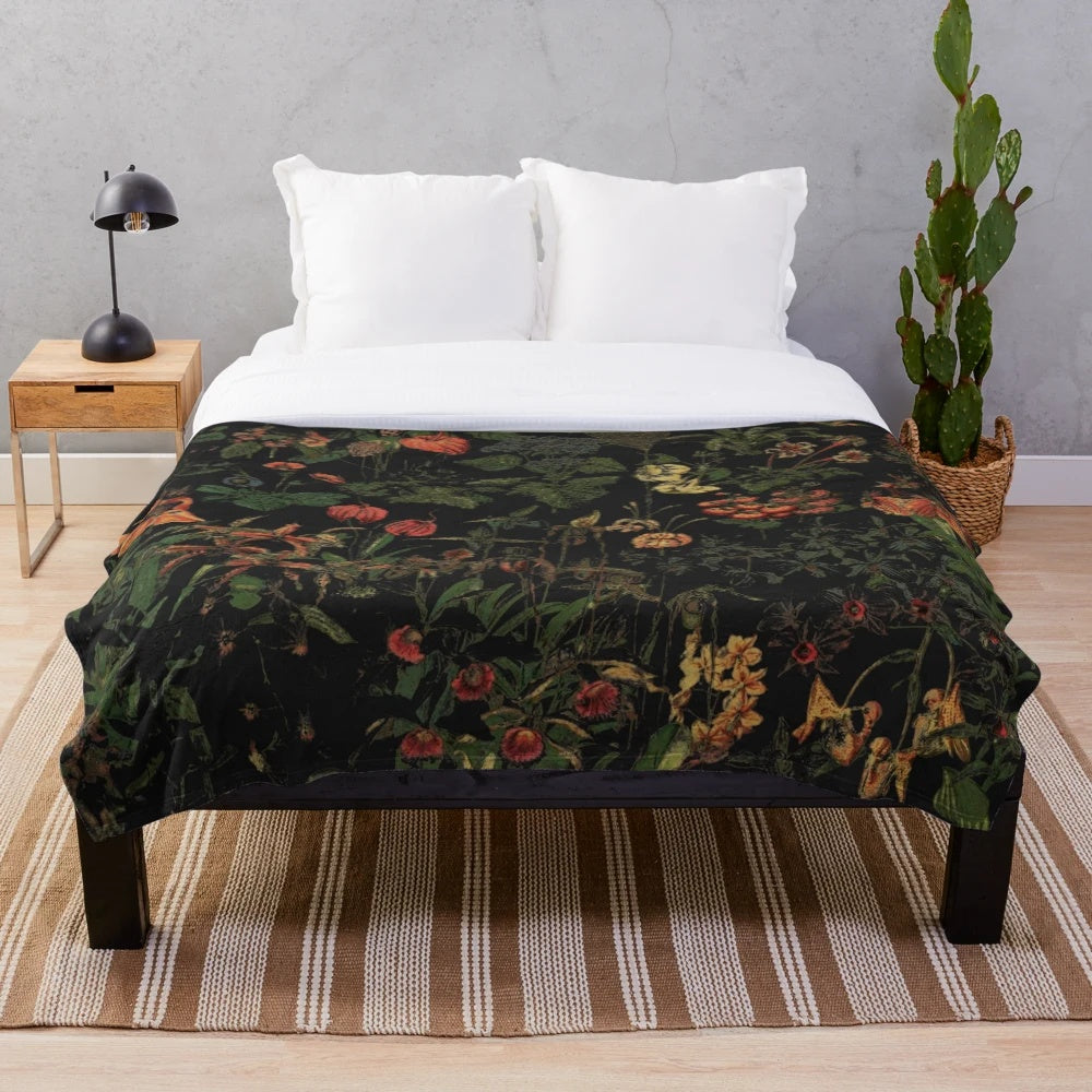 Midnight floral plush blanket with mythological and enchanting elements