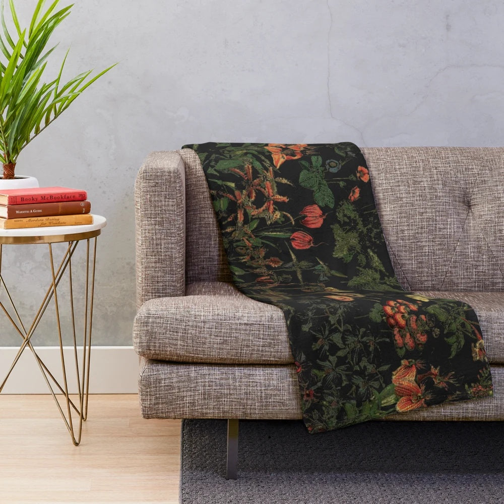 Midnight floral plush blanket with mythological and enchanting elements