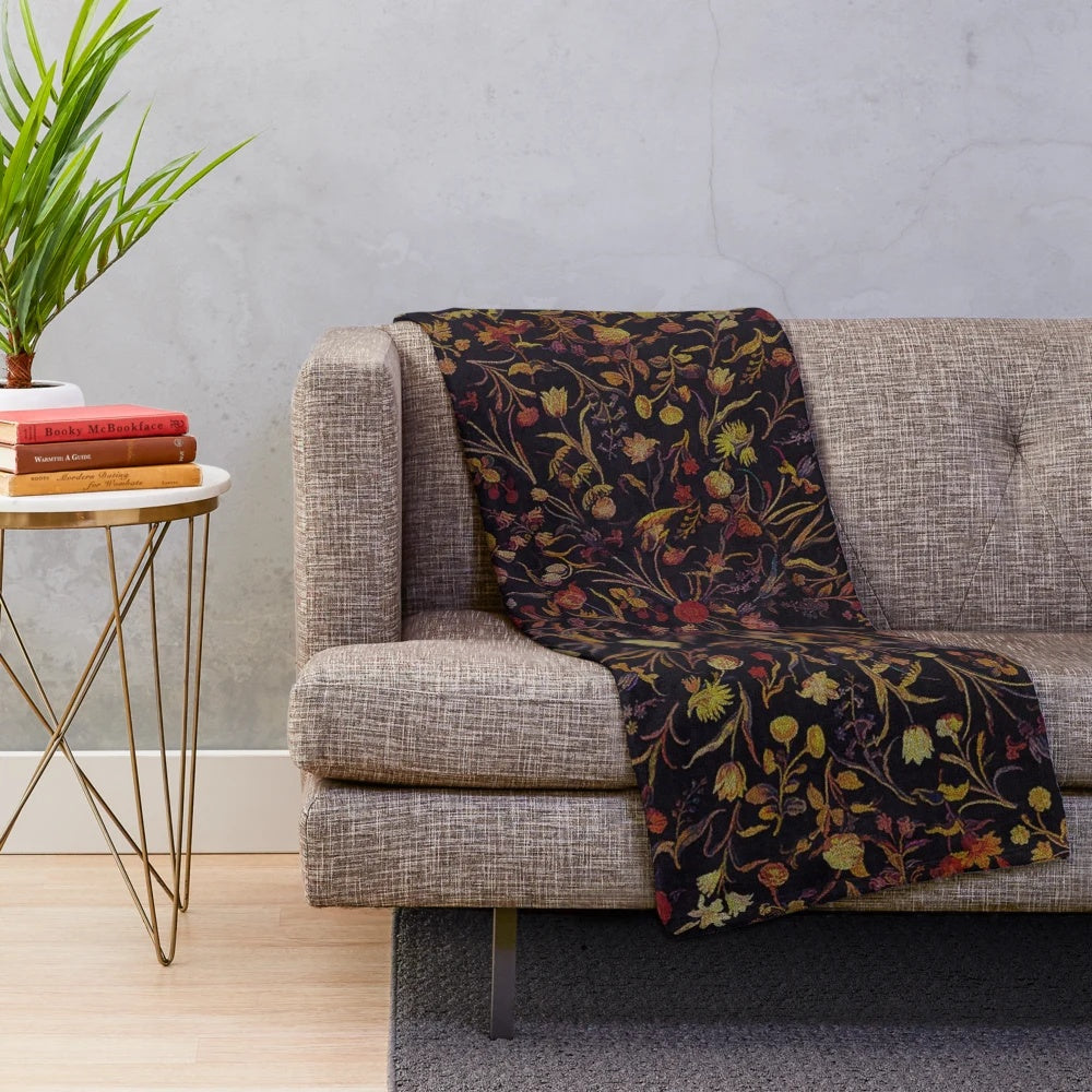 Midnight Floral Plush Blanket with Mythical Design