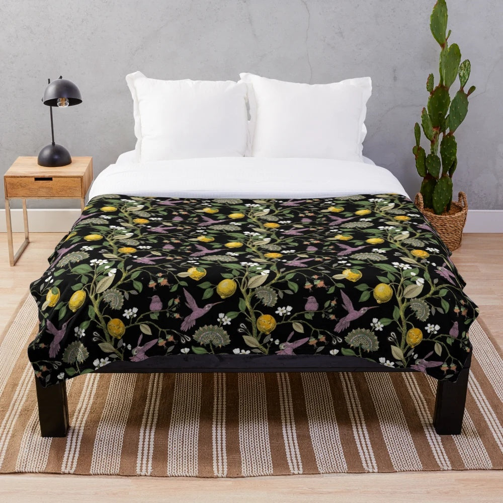Midnight Floral Plush Blanket with Enchanting Mythical Design