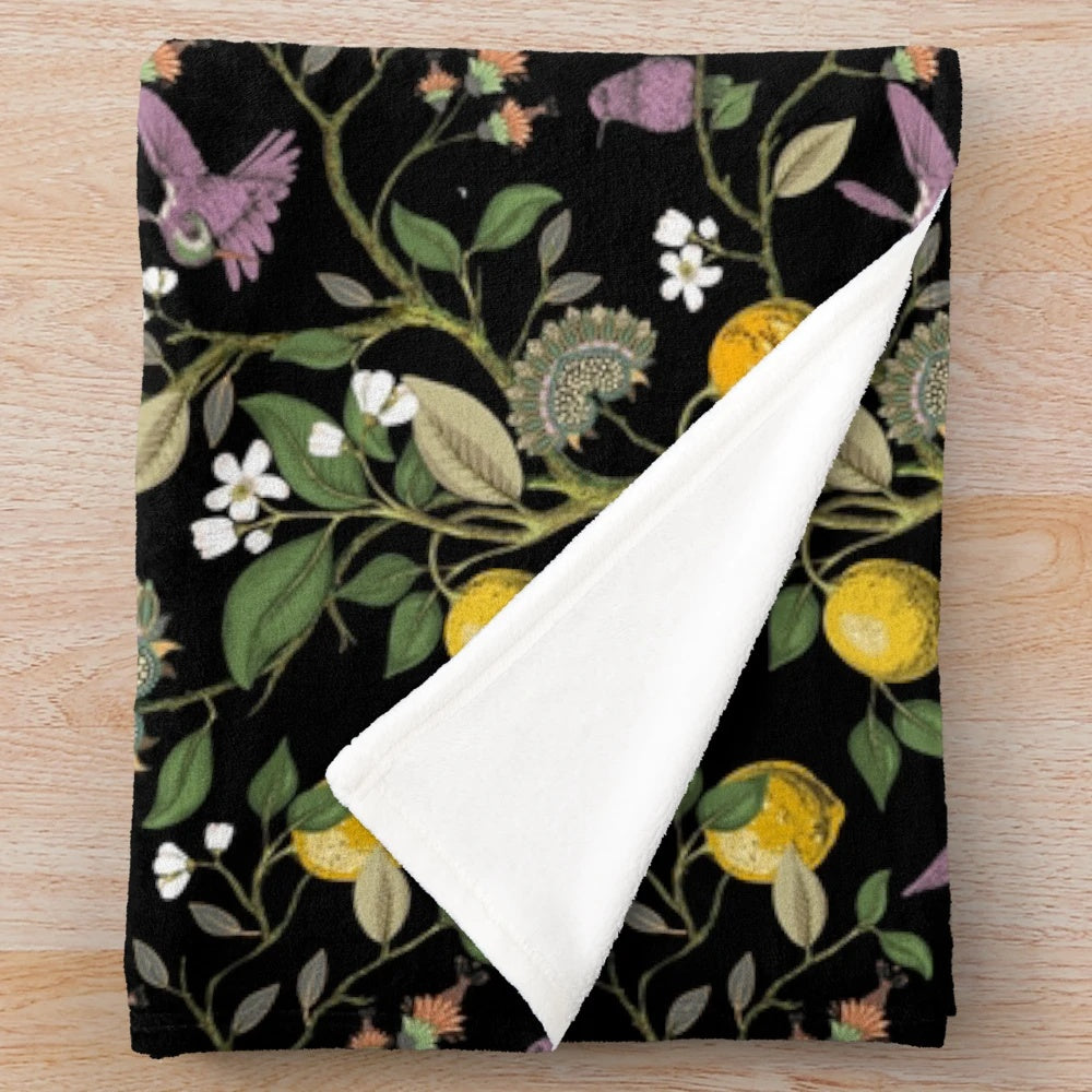 Midnight Floral Plush Blanket with Enchanting Mythical Design