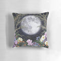 A beautiful pillow with a detailed illustration of a moonlit garden scene.