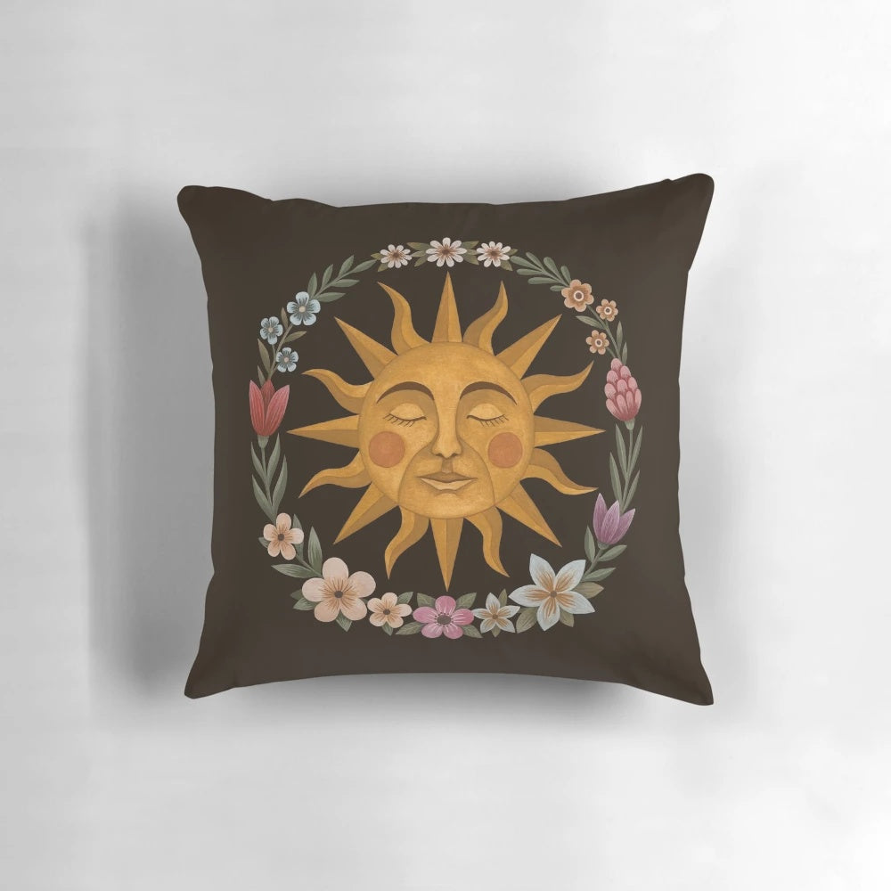 Midsummer sun-inspired floral throw pillow with nature-themed design