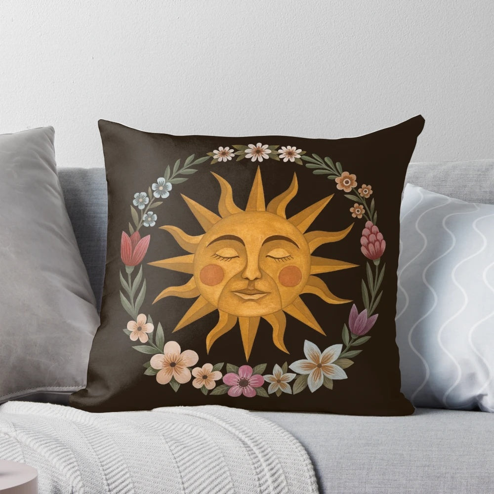 Midsummer sun-inspired floral throw pillow with nature-themed design