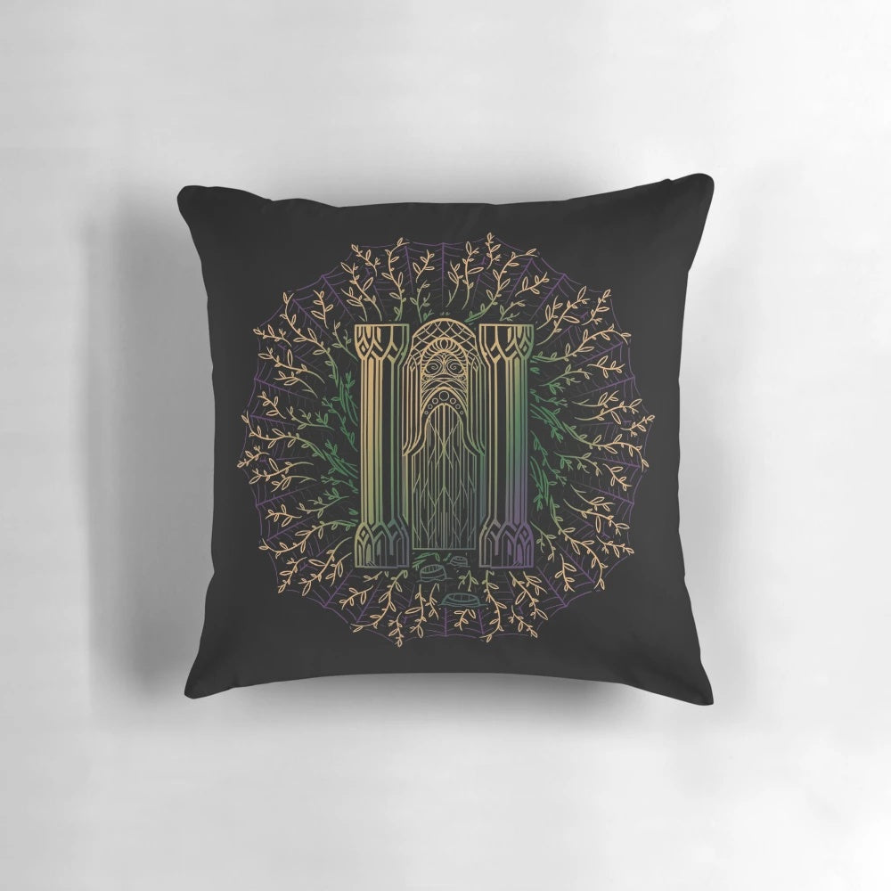 Decorative pillow featuring a detailed illustration of the famous doors of Mirkwood, the enchanted forest from J.R.R. Tolkien's "The Lord of the Rings.