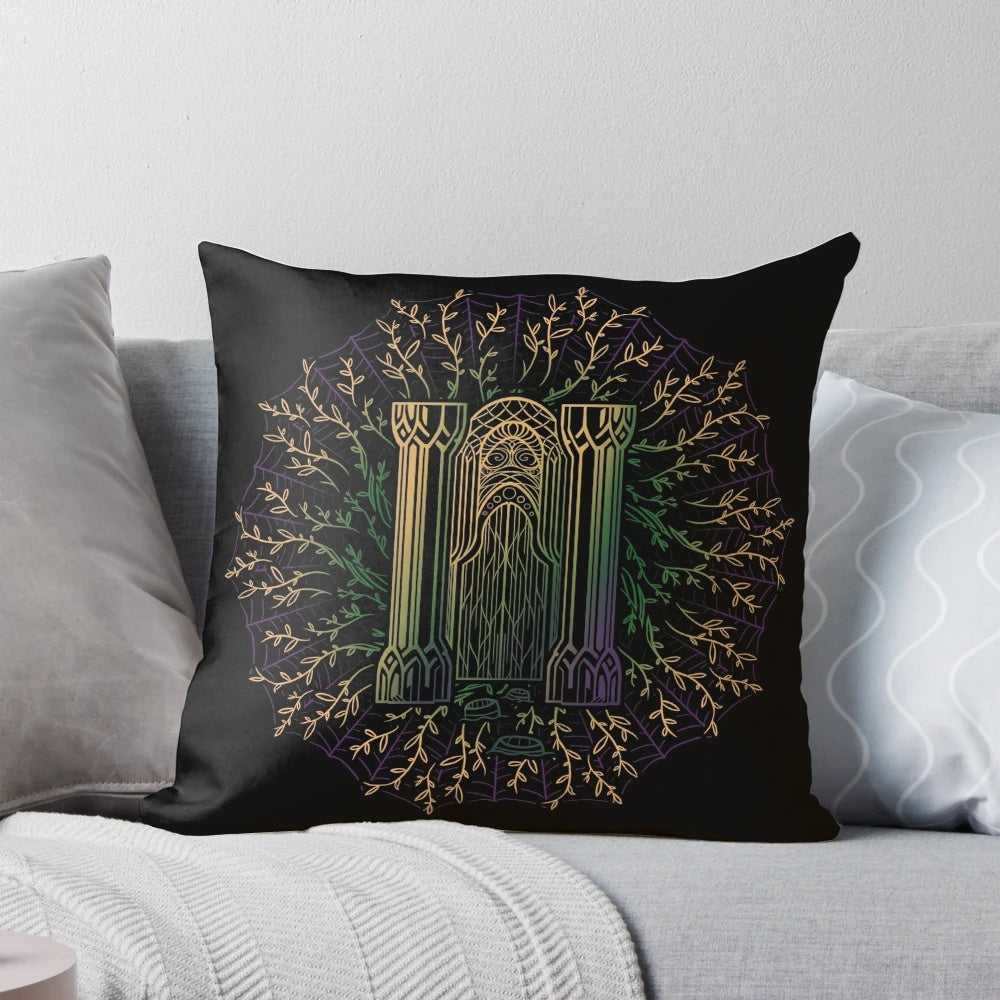 Decorative pillow featuring a detailed illustration of the famous doors of Mirkwood, the enchanted forest from J.R.R. Tolkien's "The Lord of the Rings.