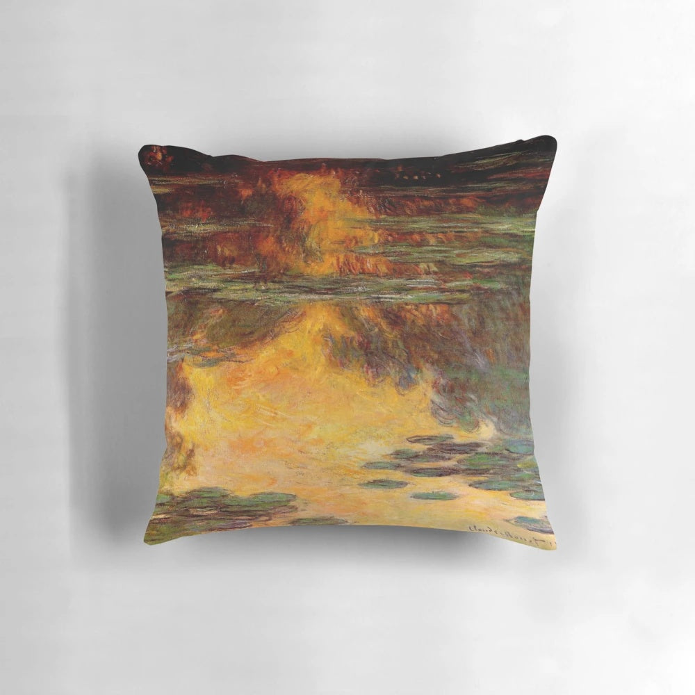 Vibrant water lily and sunset landscape painting on a throw pillow, capturing the essence of Claude Monet's iconic Impressionist style.