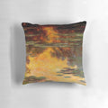 Vibrant water lily and sunset landscape painting on a throw pillow, capturing the essence of Claude Monet's iconic Impressionist style.