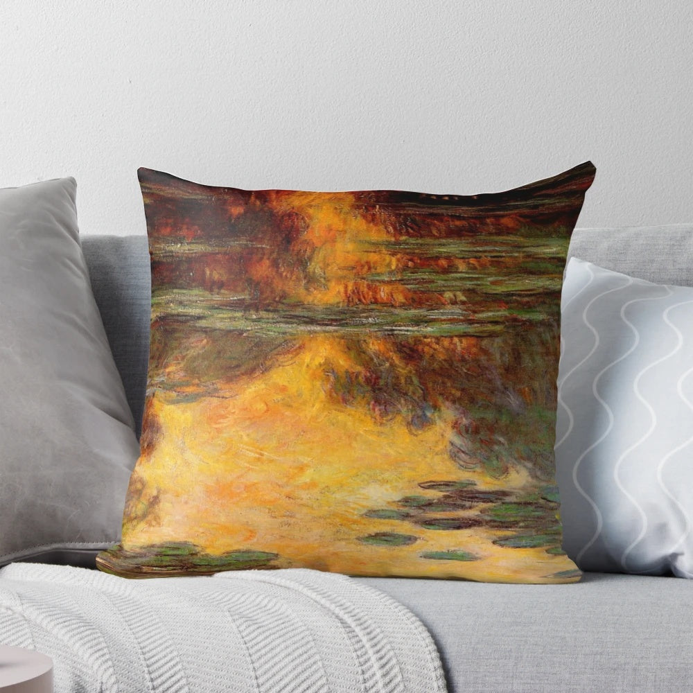 Vibrant water lily and sunset landscape painting on a throw pillow, capturing the essence of Claude Monet's iconic Impressionist style.