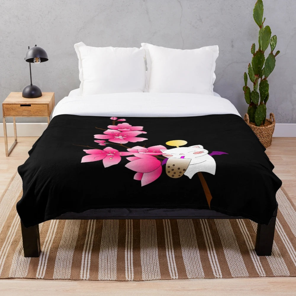 Moogle-themed plush blanket with floral design