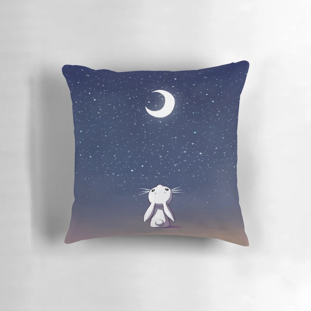 Soft and cuddly moon bunny plush pillow with starry night design