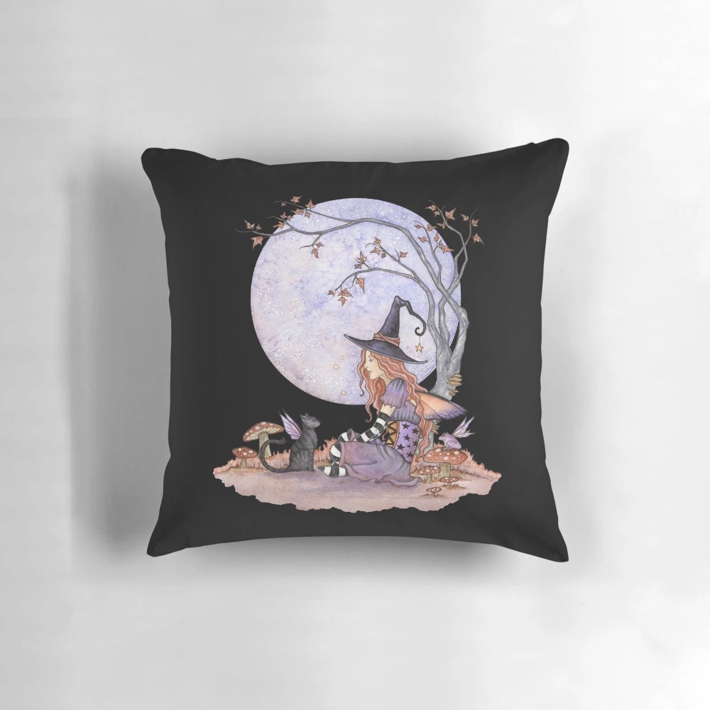 Whimsical throw pillow featuring a full moon, fairy cat, and mystical mushrooms in a fantasy forest scene by artist Amy Brown.