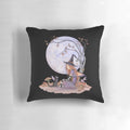 Whimsical throw pillow featuring a full moon, fairy cat, and mystical mushrooms in a fantasy forest scene by artist Amy Brown.