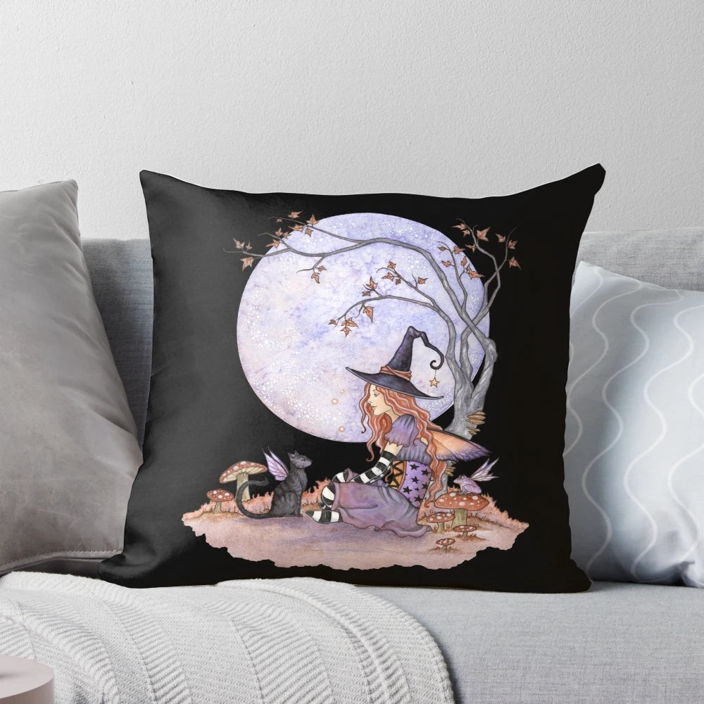 Whimsical throw pillow featuring a full moon, fairy cat, and mystical mushrooms in a fantasy forest scene by artist Amy Brown.