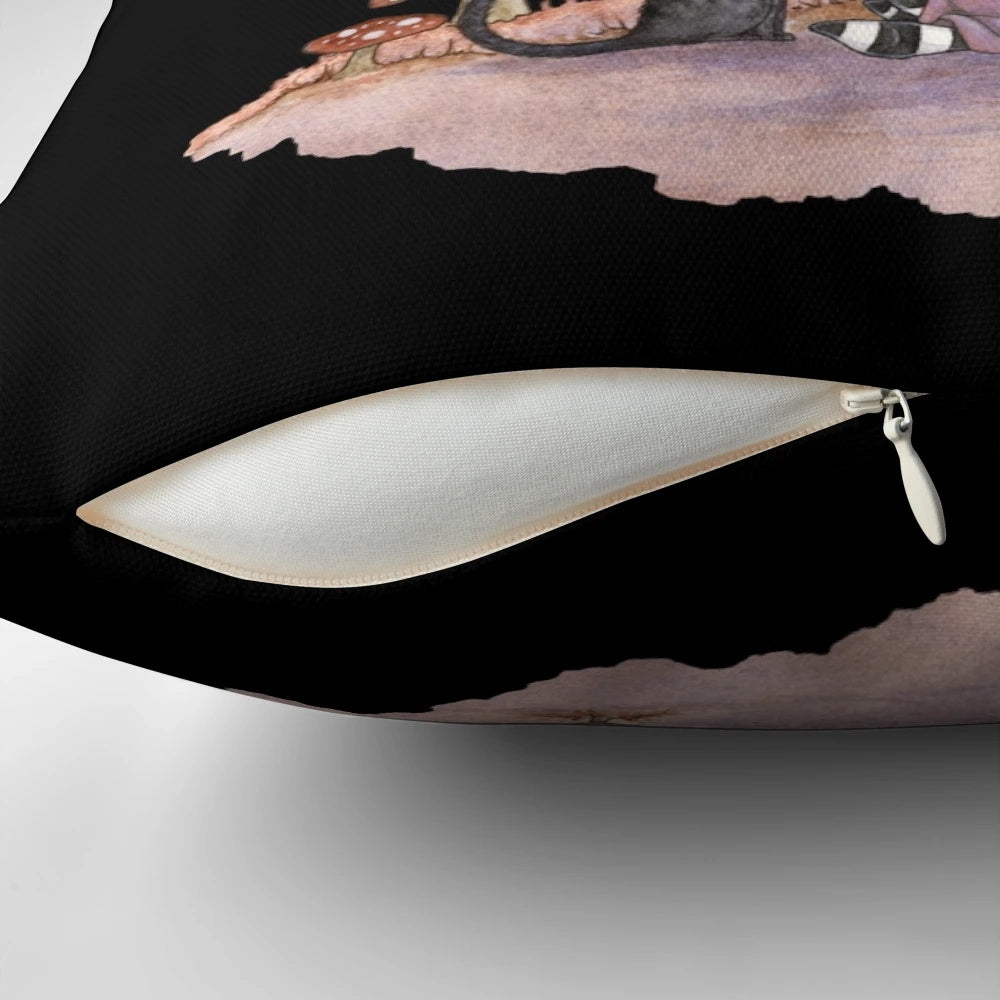 Whimsical throw pillow featuring a full moon, fairy cat, and mystical mushrooms in a fantasy forest scene by artist Amy Brown.