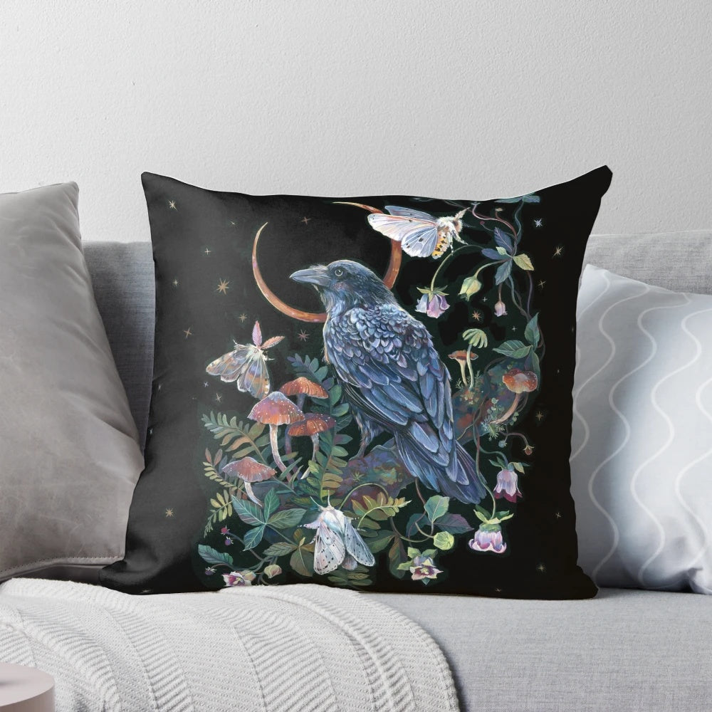 A whimsical throw pillow featuring a raven against a starry night sky and moon, surrounded by botanical elements.