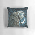 Mysterious and captivating moon seer owl decorative pillow with feathers and crescent moon against a starry night sky.