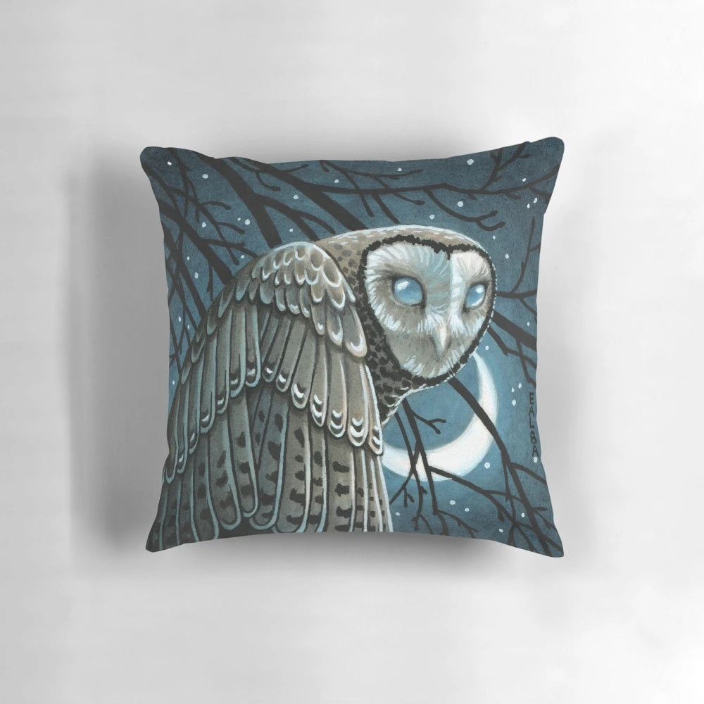 Mysterious and captivating moon seer owl decorative pillow with feathers and crescent moon against a starry night sky.