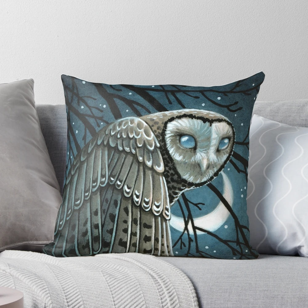 Mysterious and captivating moon seer owl decorative pillow with feathers and crescent moon against a starry night sky.