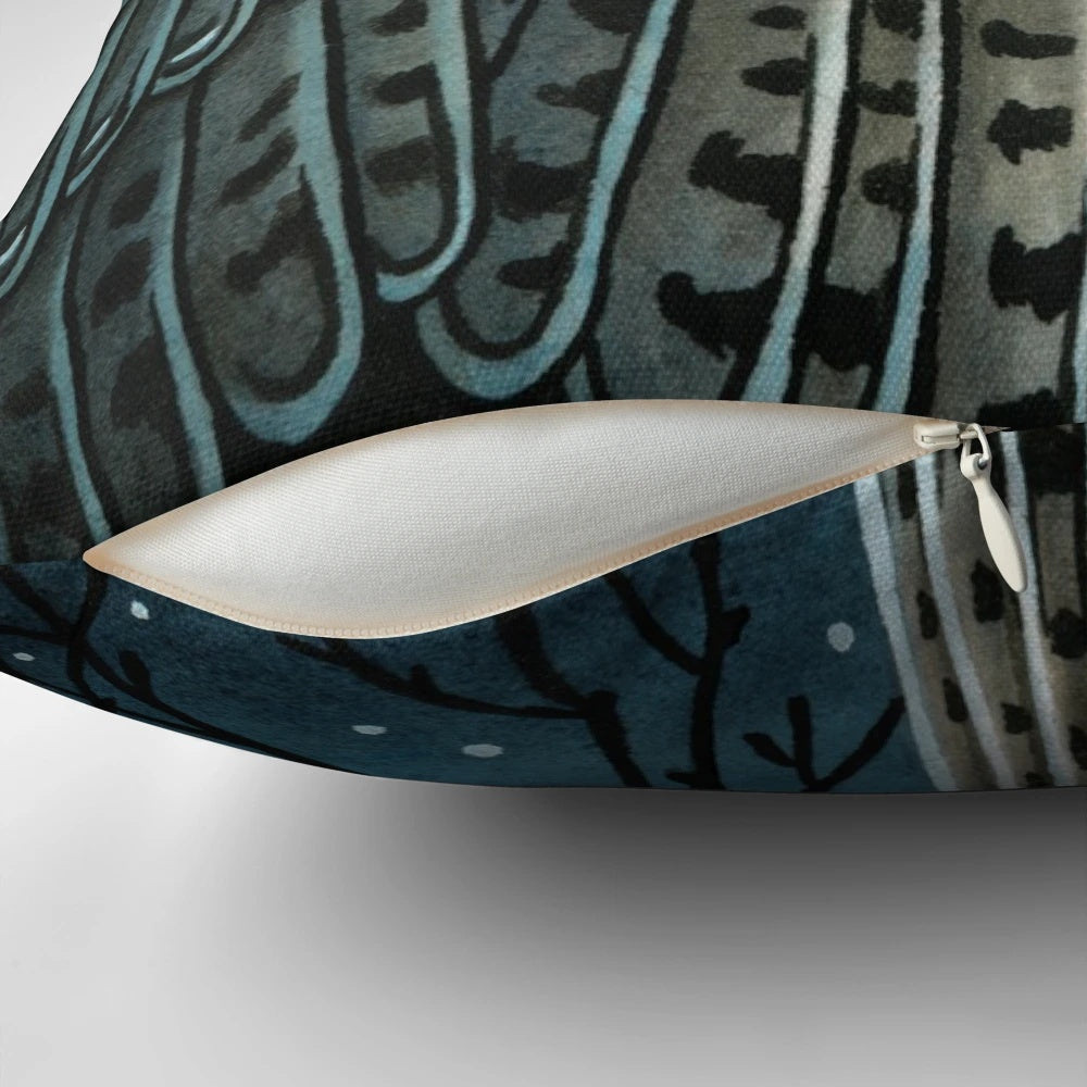 Mysterious and captivating moon seer owl decorative pillow with feathers and crescent moon against a starry night sky.