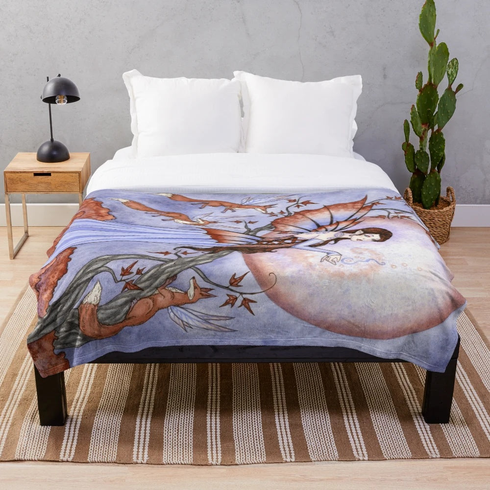 Cozy moon spell plush blanket featuring fantasy fairy fox art