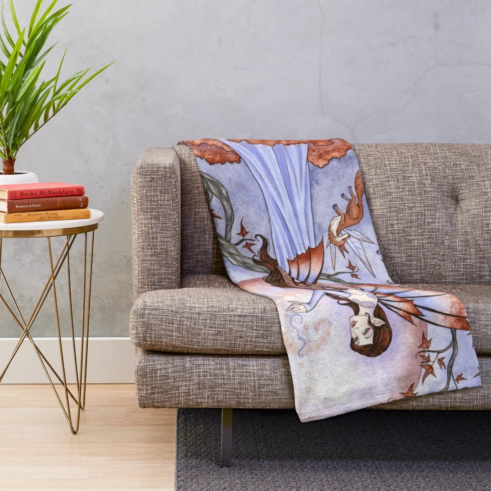 Cozy moon spell plush blanket featuring fantasy fairy fox art