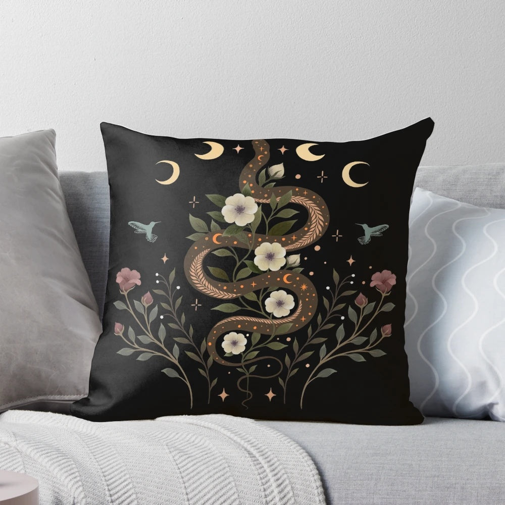 Serpent-embellished pillow in a magical moonlit garden scene