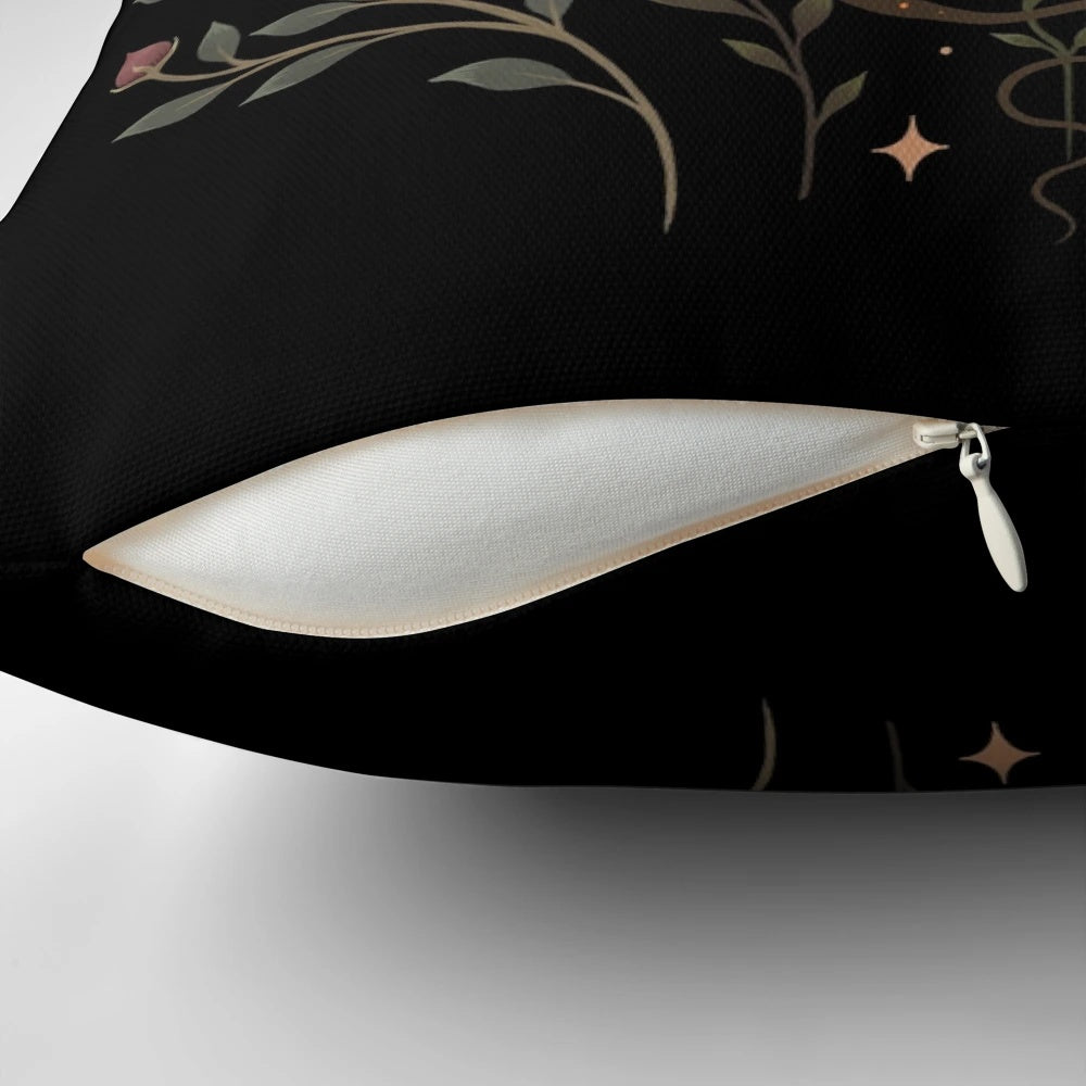 Serpent-embellished pillow in a magical moonlit garden scene
