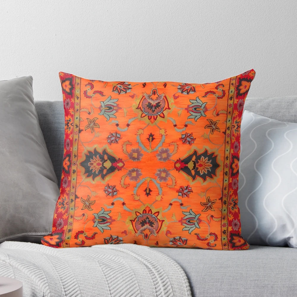 Moroccan sunset-inspired bohemian pillow featuring vibrant orange and cultural motifs