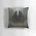 Soft, cozy pillow featuring the mysterious Mothman cryptid in a forest setting with wisps of light.