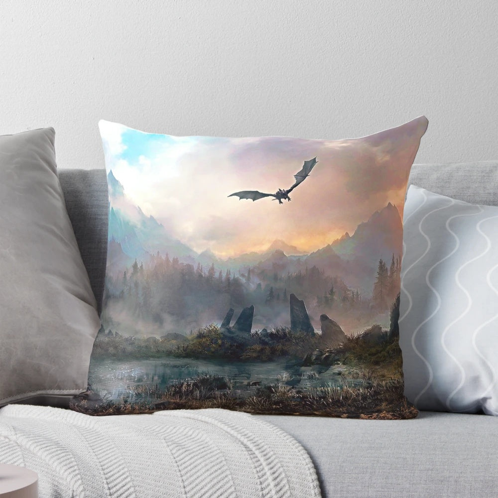 Mystical mountain pillow with a dragon design, perfect for RPG and fantasy enthusiasts.