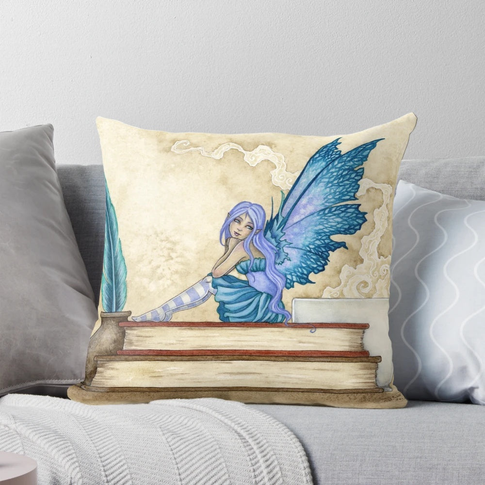 Muse Pillow featuring a whimsical fairy design, perfect for book lovers and fantasy enthusiasts.