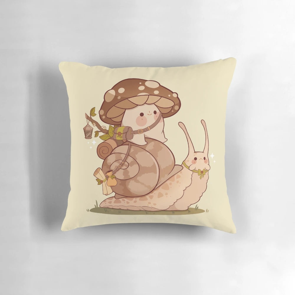 Adorable Pillow featuring a Cute Mushroom and Snail in a Fantasy Setting