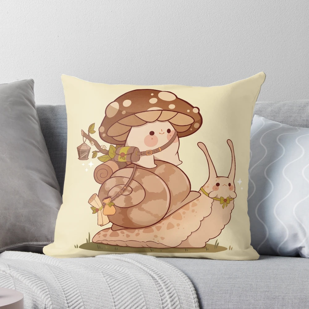 Adorable Pillow featuring a Cute Mushroom and Snail in a Fantasy Setting