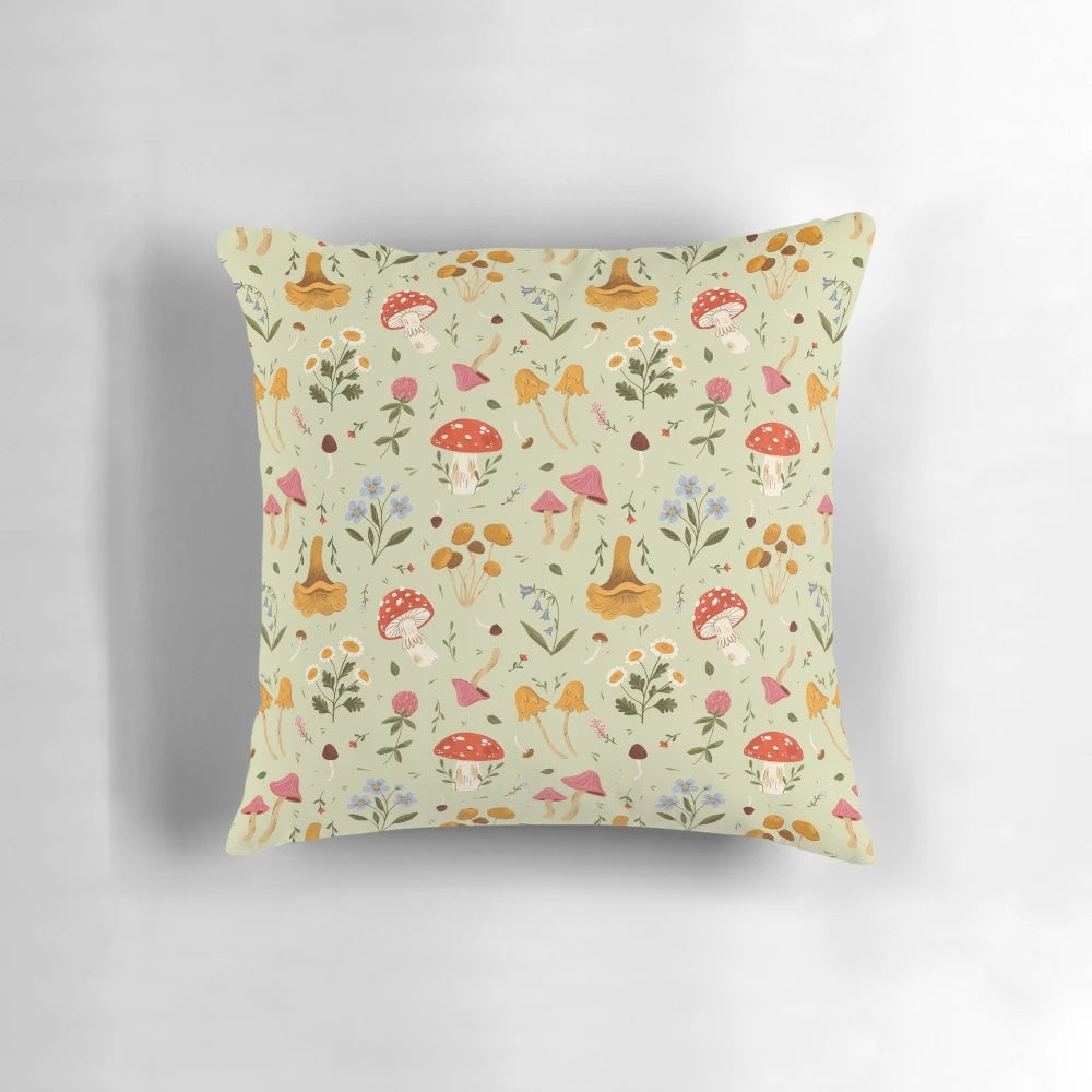 Vibrant mushroom and wildflower botanical print pillow by Oh Jess Marie