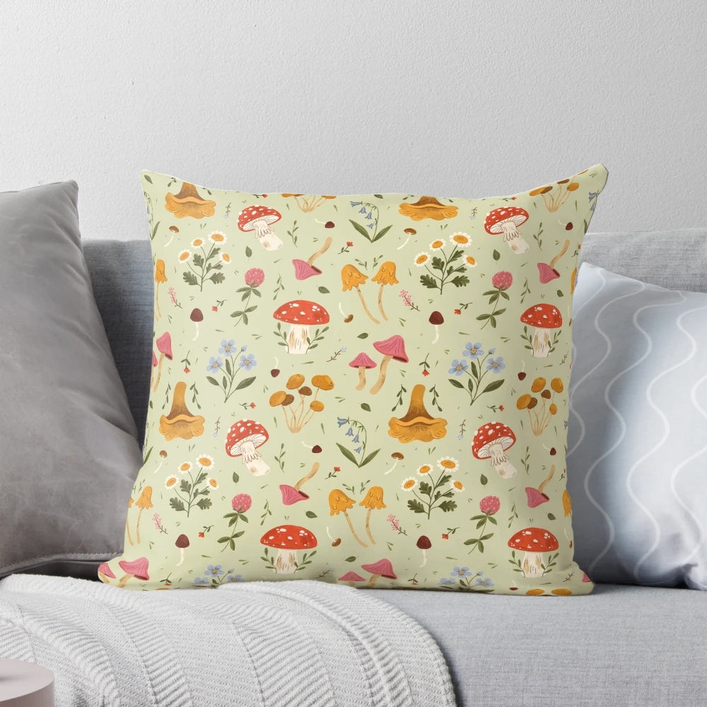 Vibrant mushroom and wildflower botanical print pillow by Oh Jess Marie