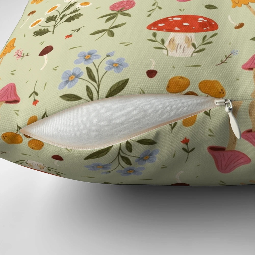 Vibrant mushroom and wildflower botanical print pillow by Oh Jess Marie