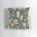 Artistic illustration of a whimsical mushroom forest scene on a decorative pillow