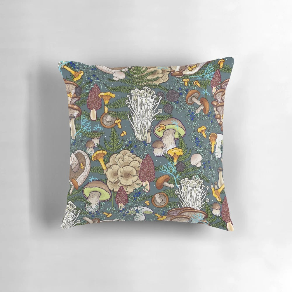 Artistic illustration of a whimsical mushroom forest scene on a decorative pillow