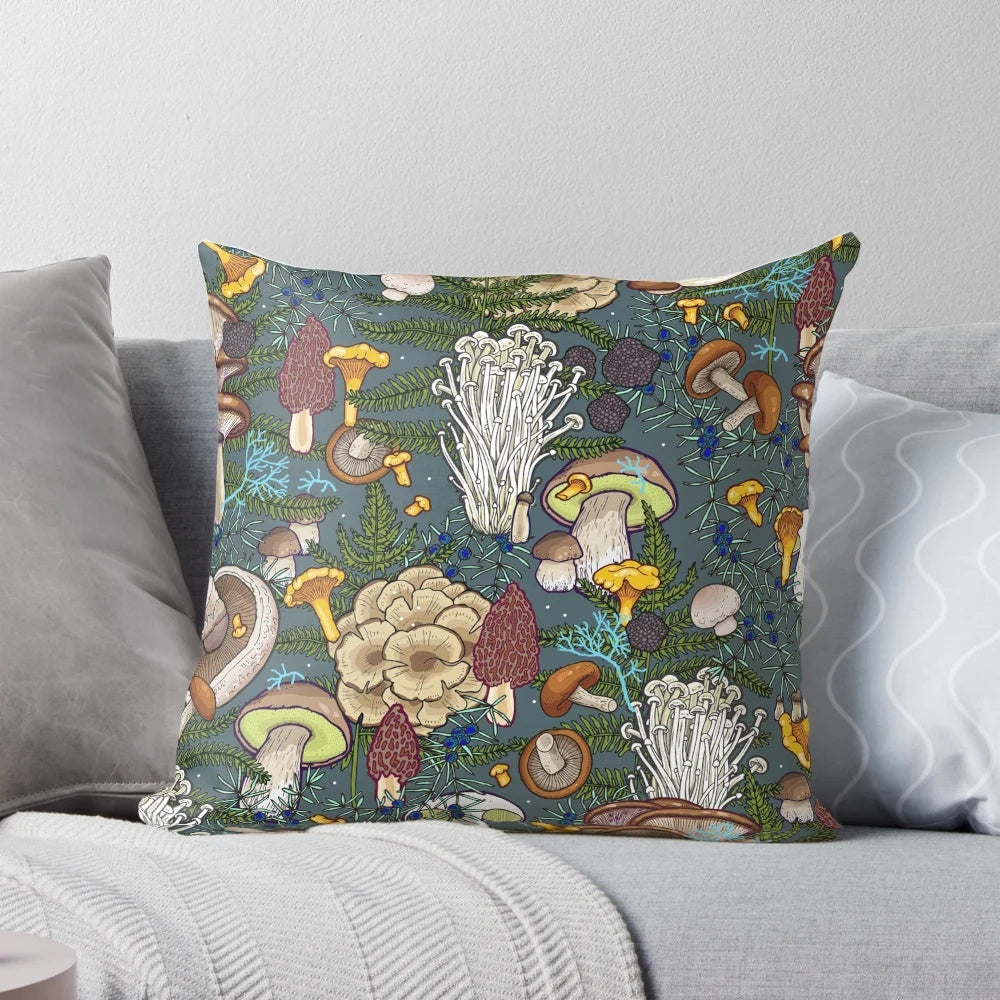 Artistic illustration of a whimsical mushroom forest scene on a decorative pillow
