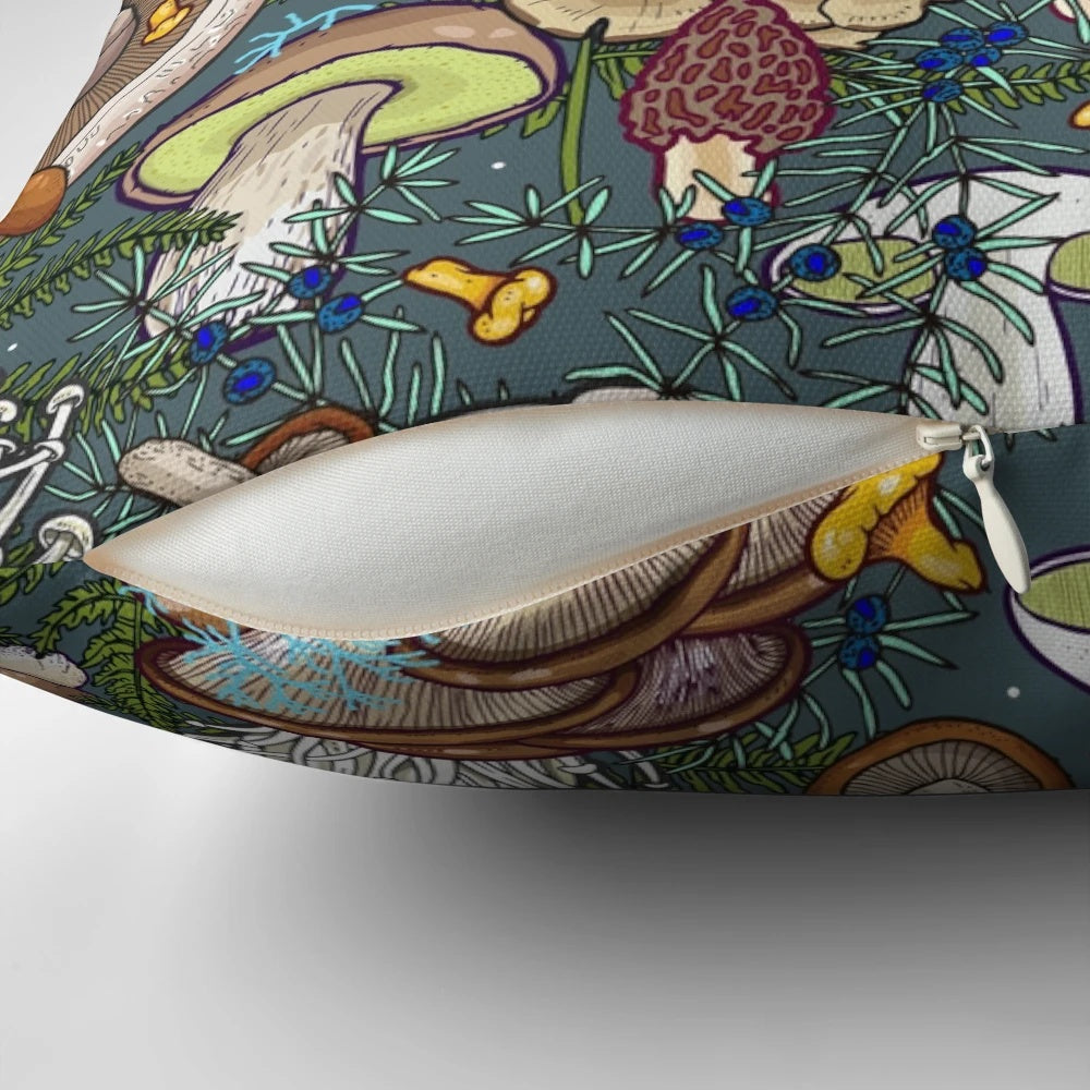 Artistic illustration of a whimsical mushroom forest scene on a decorative pillow