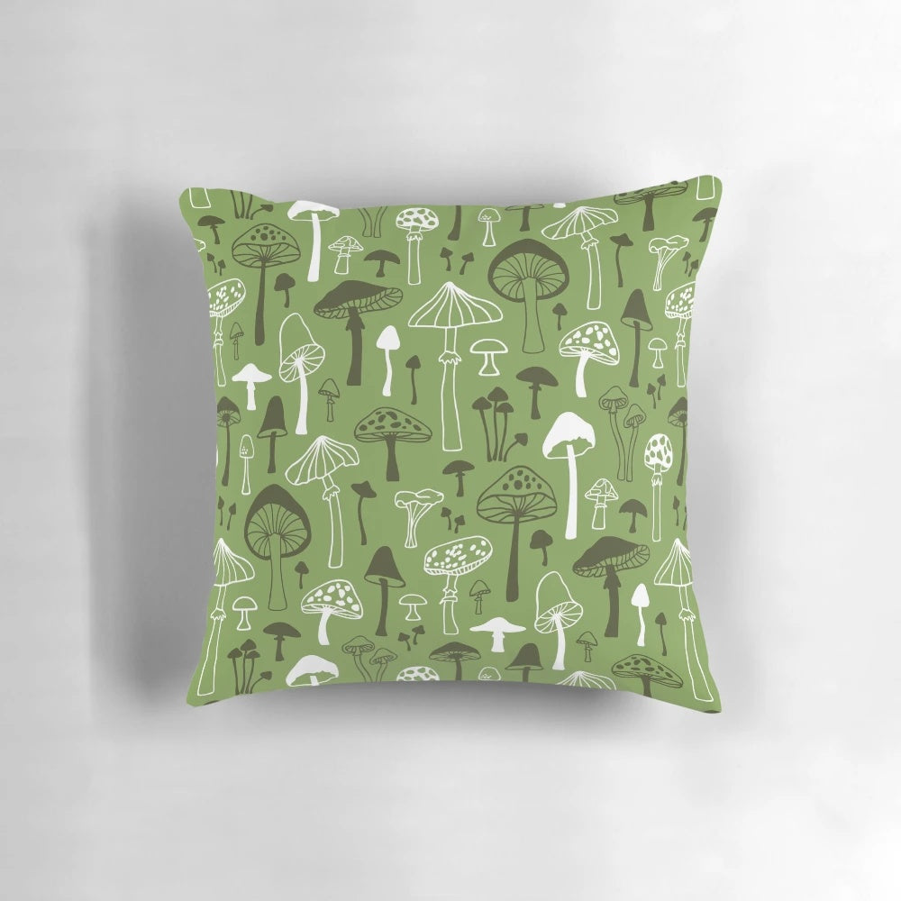 A Pillow POD decorative pillow featuring a hand-drawn design of mushrooms in a woodland forest setting.