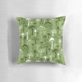 A Pillow POD decorative pillow featuring a hand-drawn design of mushrooms in a woodland forest setting.