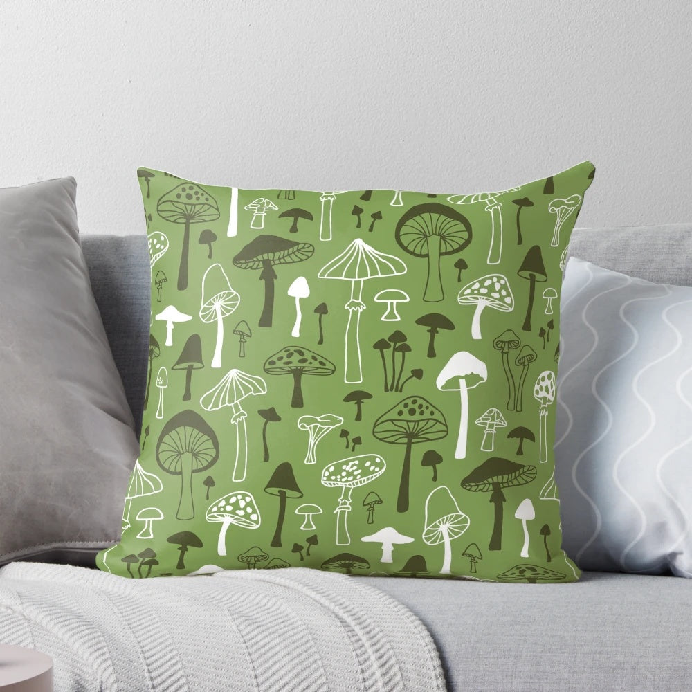 A Pillow POD decorative pillow featuring a hand-drawn design of mushrooms in a woodland forest setting.