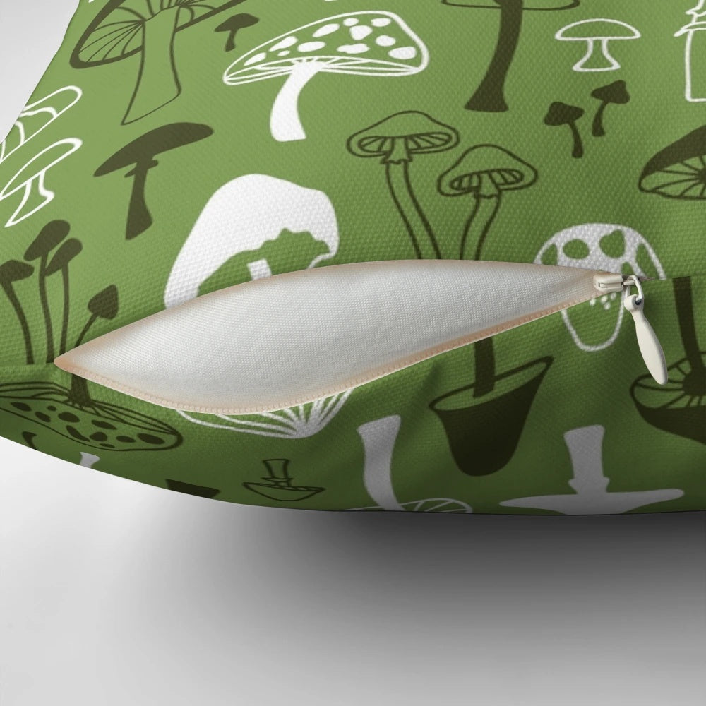A Pillow POD decorative pillow featuring a hand-drawn design of mushrooms in a woodland forest setting.