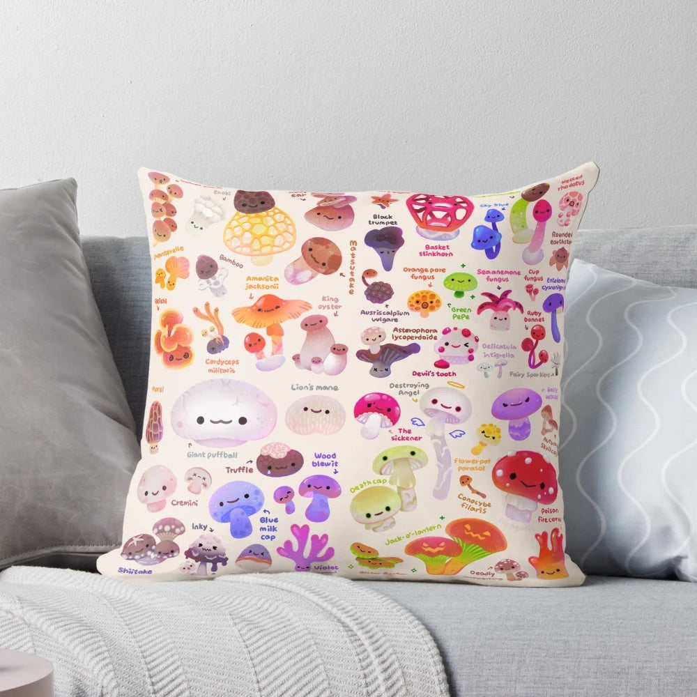 Vibrant mushroom-themed pillow with soft, plush fabric for a unique and whimsical home accent.