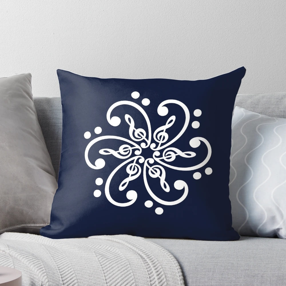 Decorative throw pillow featuring a mandala design with musical elements like bass clef, treble clef, and musical notes.